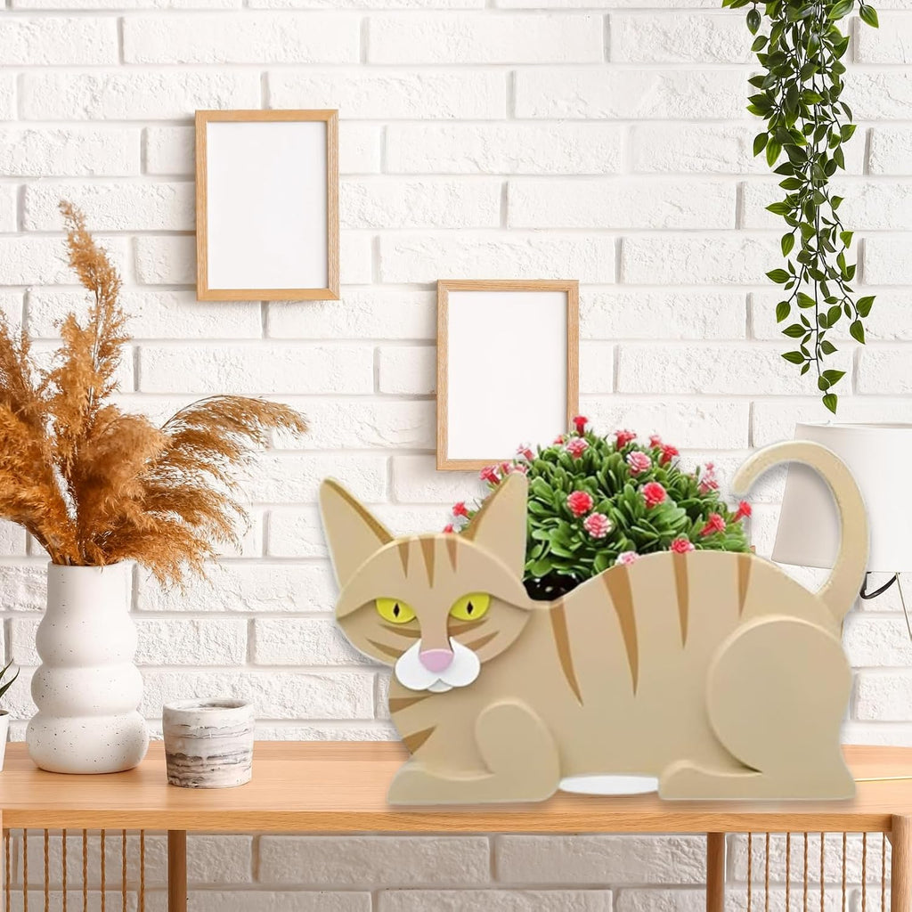 Yellow Cat Planter Pots, Animal Shaped Flower Pot | Cute Plant Gift for Women and Pet Lovers, Indoor Outdoor Garden