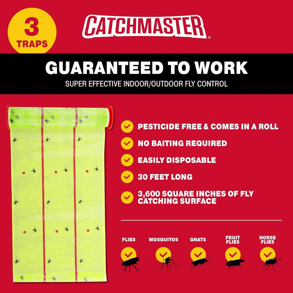 Catchmaster Giant Fly Glue Trap 3-Pack 30 Feet Each, Adhesive Fly Traps Outdoor, Sticky Bug Catcher, Bulk Flying Insect