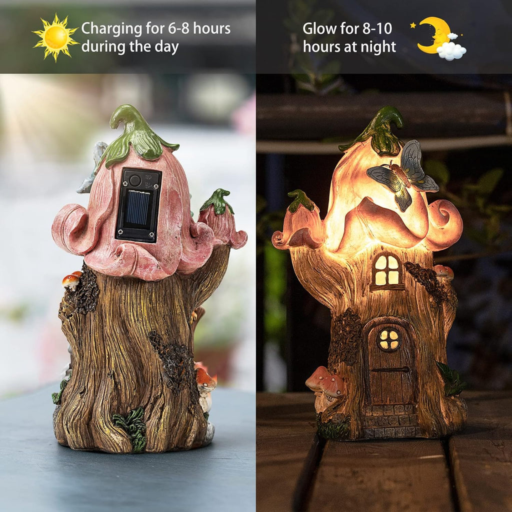 Fairy Garden Accessories Outdoor Statues, Mushroom House Decor,Large Gnome Solar Powered Lights Sculptures,Pink Resin
