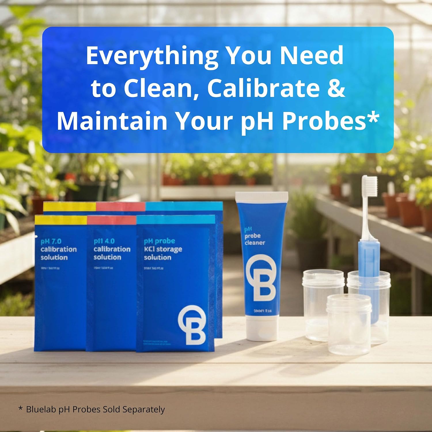 Bluelab CAREKITPH pH Probe Care Kit with Calibration Solution, Storage Solution, and Brush, Used for pH Pen, Meter