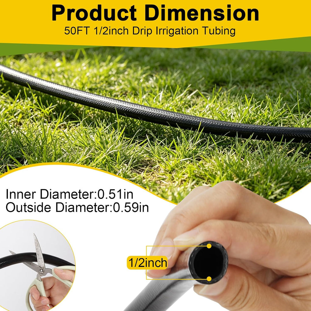 1/2 Inch Irrigation Tubing 50 FT, Drip Mainline for Raised Beds & Gardens | Cut to fit greenhouse rows and lawn edges;