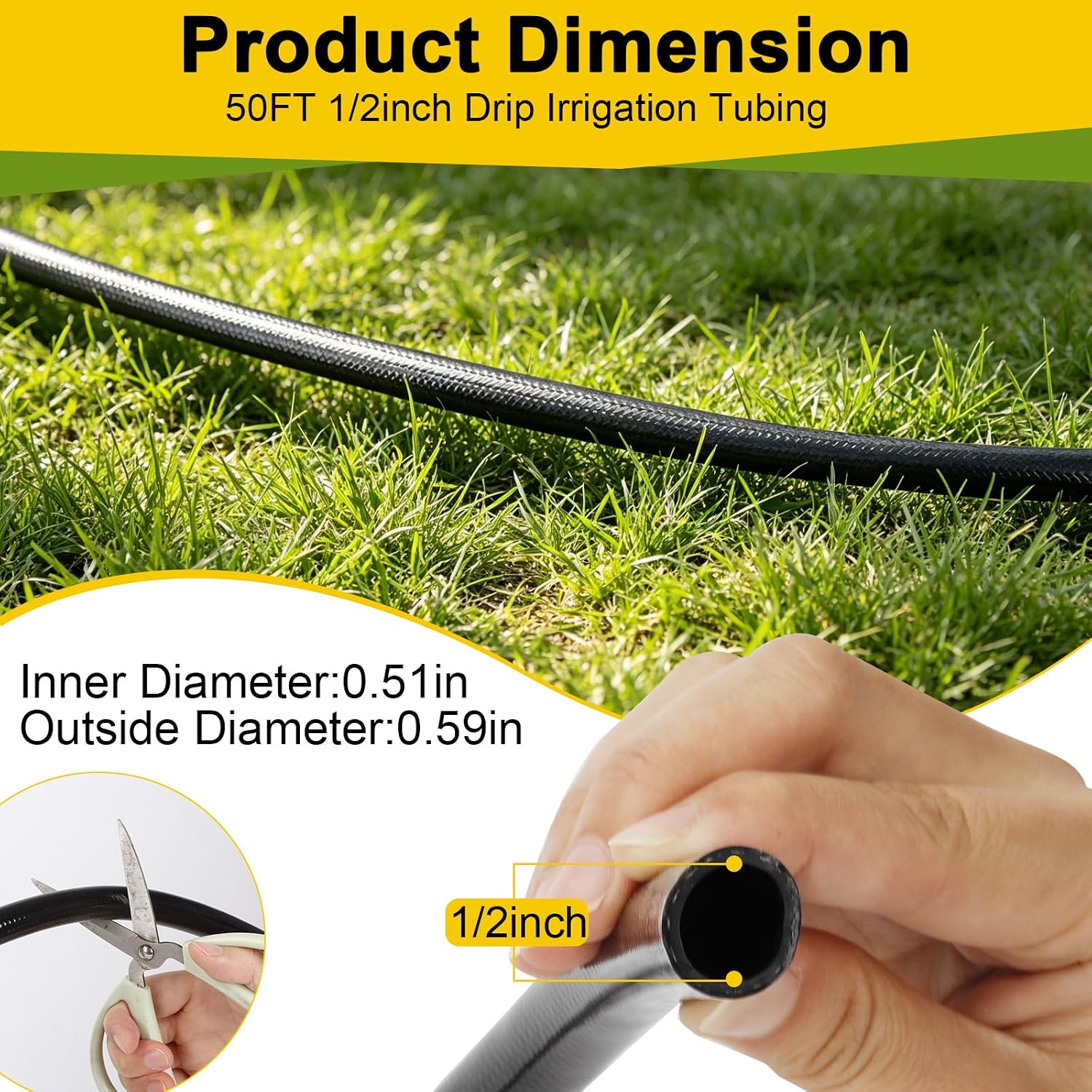 1/2 Inch Irrigation Tubing 50 FT, Drip Mainline for Raised Beds & Gardens | Cut to fit greenhouse rows and lawn edges;
