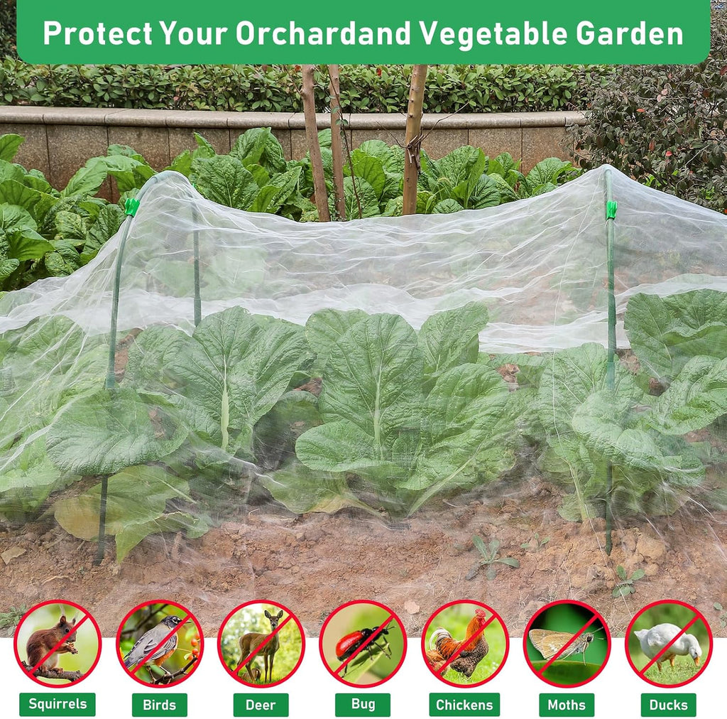Garden Mesh Netting Kit, 10 * 30FT Ultra Fine Plant Netting Covers with 6 Pcs Garden Hoops & 18 Clips, Row Cover Net