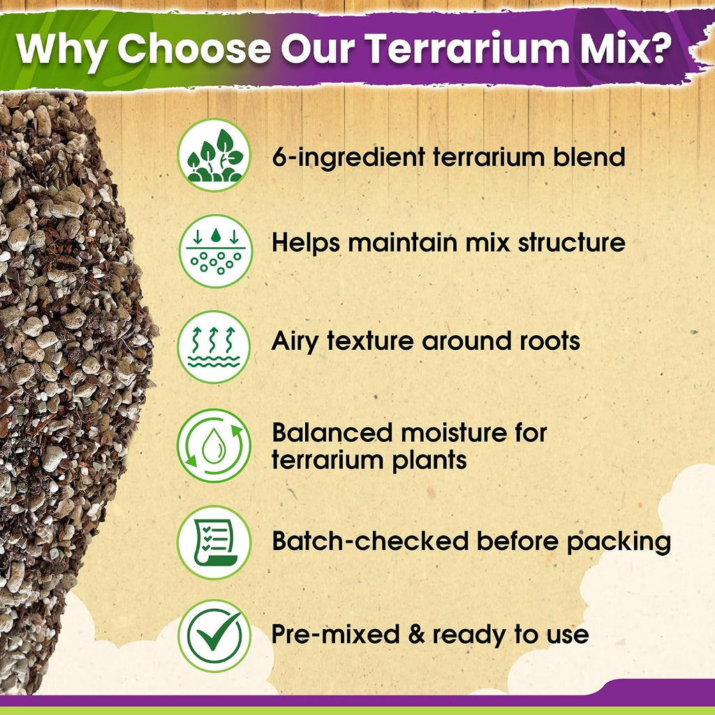 6-in-1 Terrarium Soil Mix, Pre-Mixed & Ready to Use, 8QT | Terrarium Substrate Mix with Coco Coir, Peat Moss, Pine