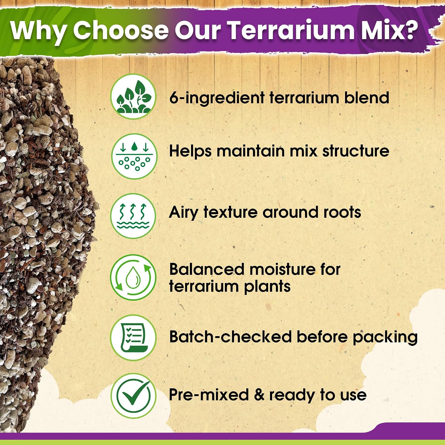 6-in-1 Terrarium Soil Mix, Pre-Mixed & Ready to Use, 8QT | Terrarium Substrate Mix with Coco Coir, Peat Moss, Pine