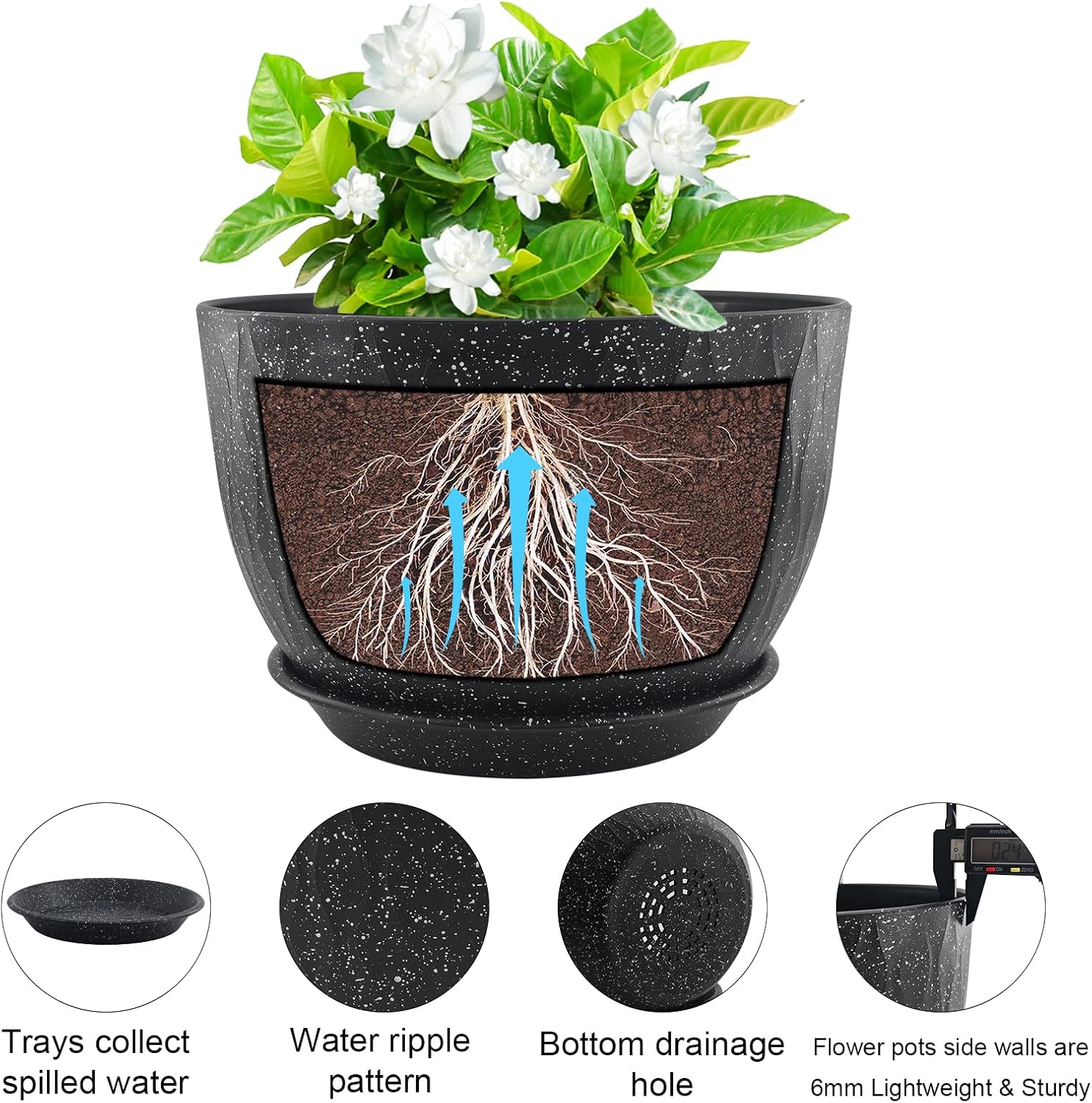 12 inch Large Plant Pots, Flower Pots with Multi-Mesh Drainage Holes and Saucer, Plastic Planters for Indoor and