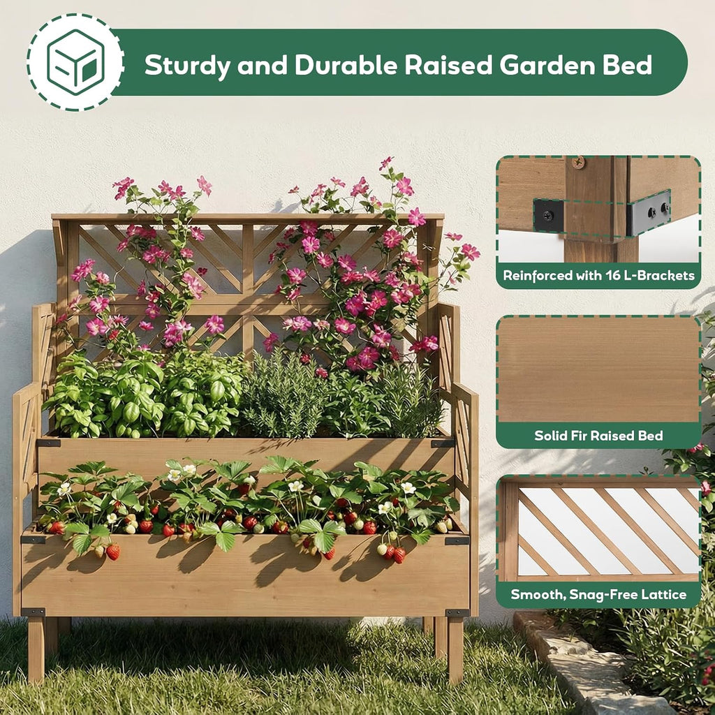 Raised Garden Bed with Trellis, 2-Tier Elevated Planter Box with Legs & Top Shelf, Liner, Metal Corners, Wooden Garden