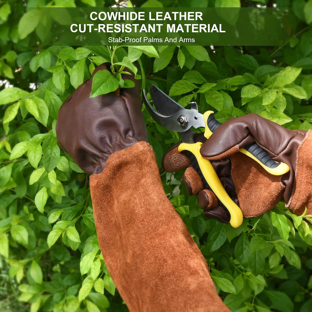 Long Gardening Gloves for Women Thorn Proof,Rose Pruning Cowhide Leather Garden Glove for Cactus, Rose and Blackberry