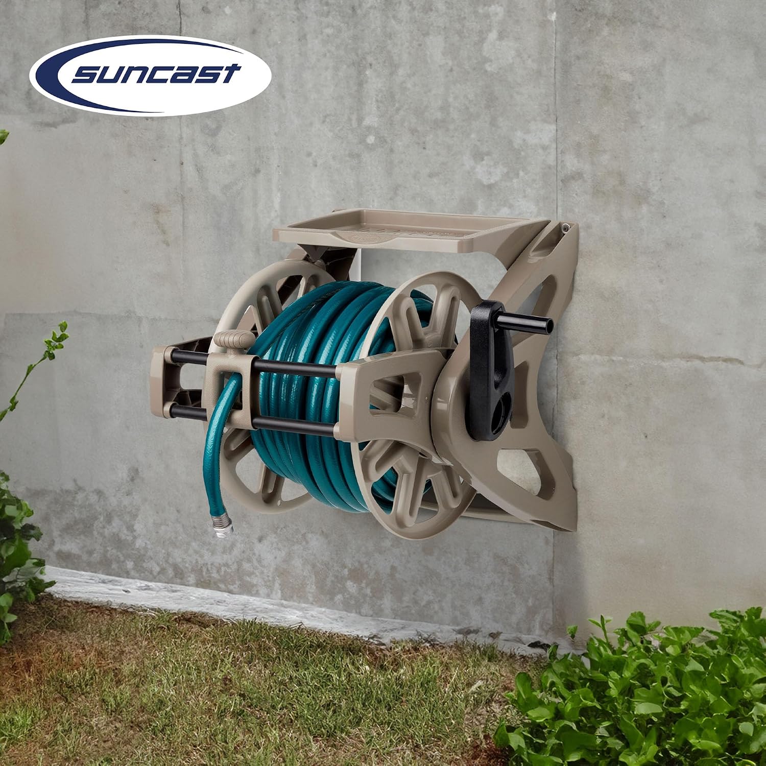Suncast Slide Trak Garden Hose Reel, Wall-Mount Holder with Storage Tray, Dark Taupe - Outdoor Mounted Organizer for