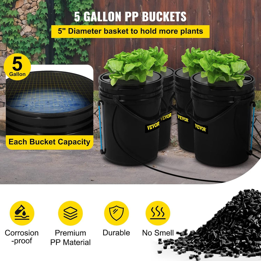 VEVOR DWC Hydroponic System, 5 Gallon 4 Buckets, Deep Water Culture Growing Bucket, Hydroponics Grow Kit with Pump, Air