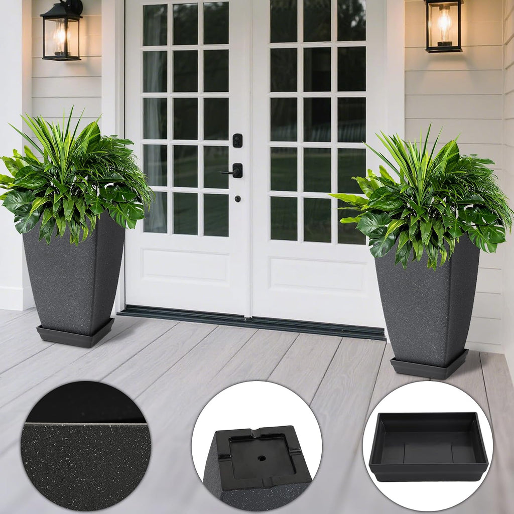 Neoaider Set of 2 Tall Planter, 21 inch Large Plastic Planter, Cement Gray | Ceramic-Look, Lightweight, Built-in Drain