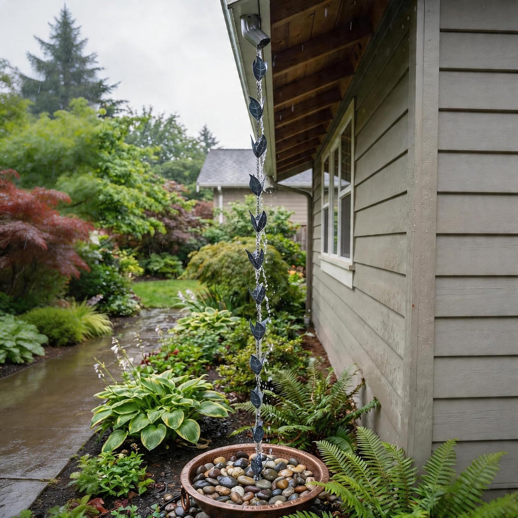 Topadorn Rain Chain for Gutters, 8.5FT Leaf Rain Chain, Blue Patina | 8.5FT Rain Chain • Leaf Cup Design • Blue Patina