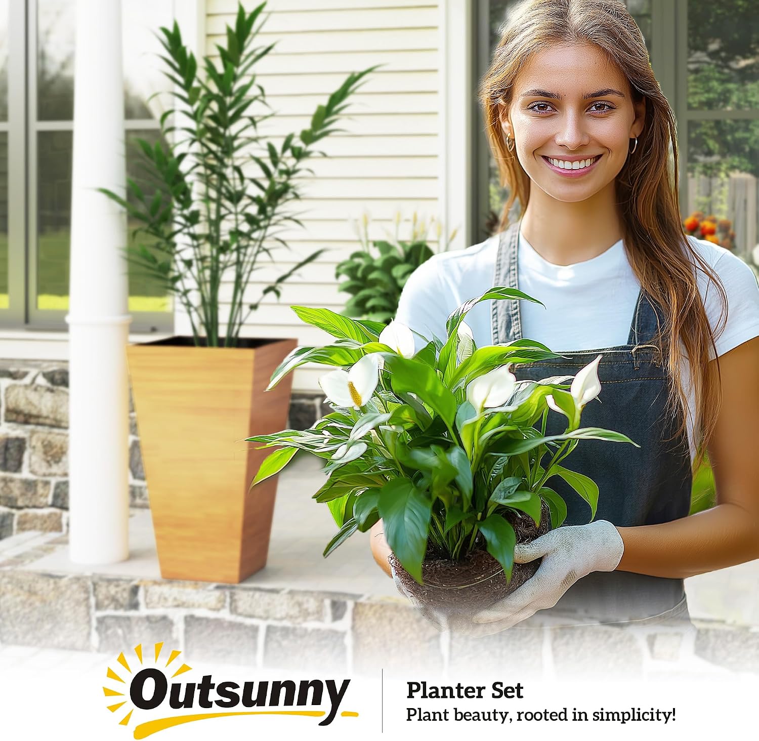 Outsunny 28 Inch Tall Planter for Outdoor Plants Set of 3, Light Brown | Taper Planter, Drainage Holes, Wood Grain