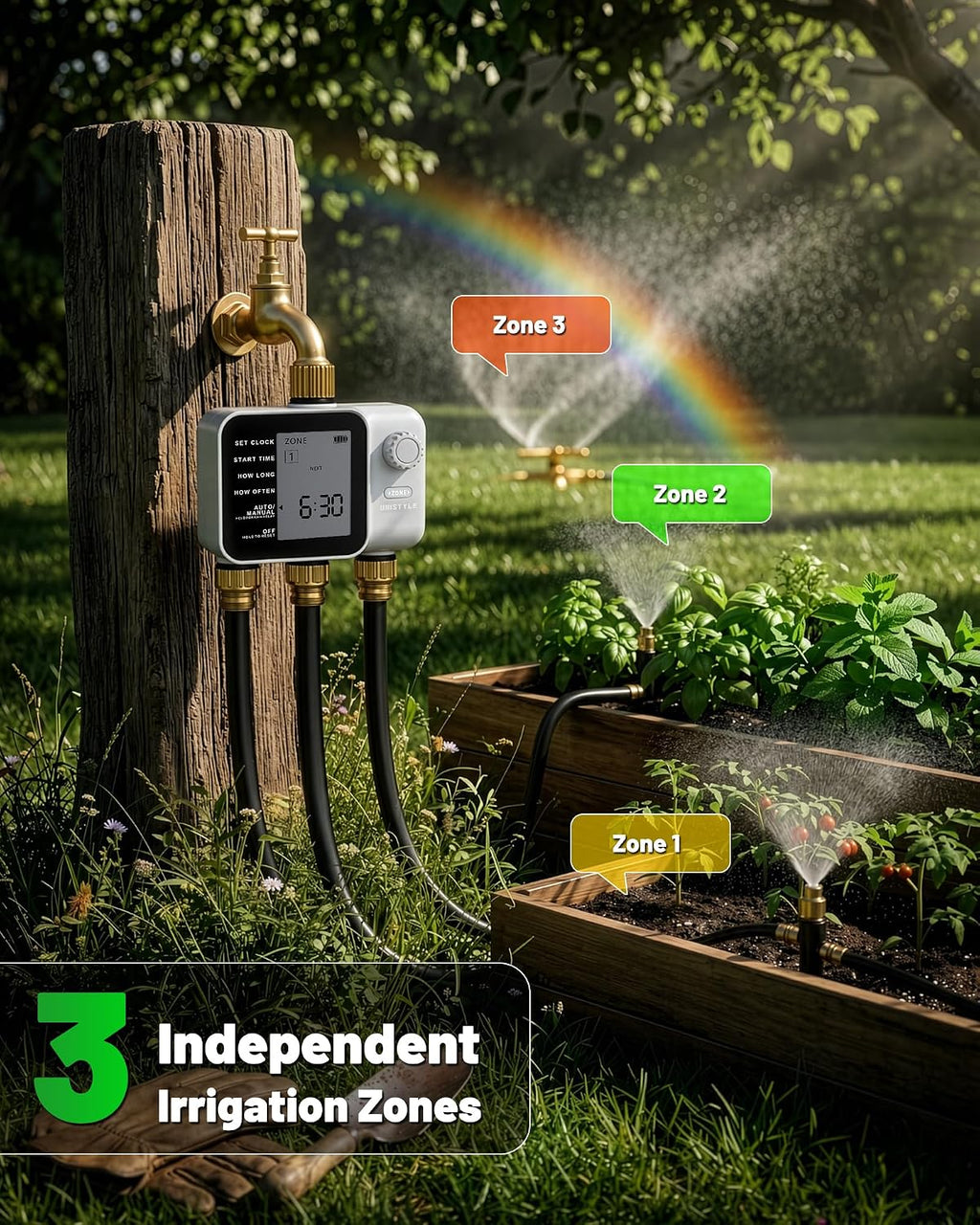 [All-New 2027] 3 Zone Sprinkler Timer with Brass Inlet, Unistyle Water Timer for Garden Hose with Rain Delay/Manual