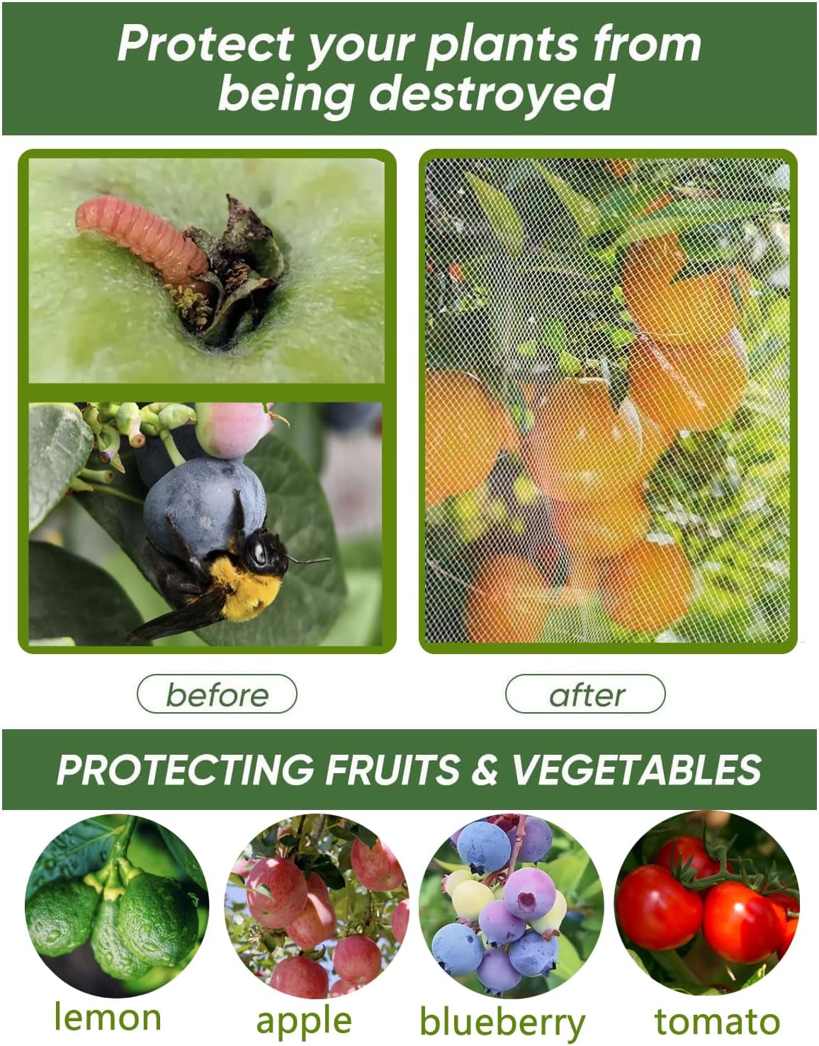 4 Pack Fruit Tree Netting with Zipper & Drawstring, 3.9 x 5.9 Ft Reusable Blueberry Bush Netting Cover, Durable Bird