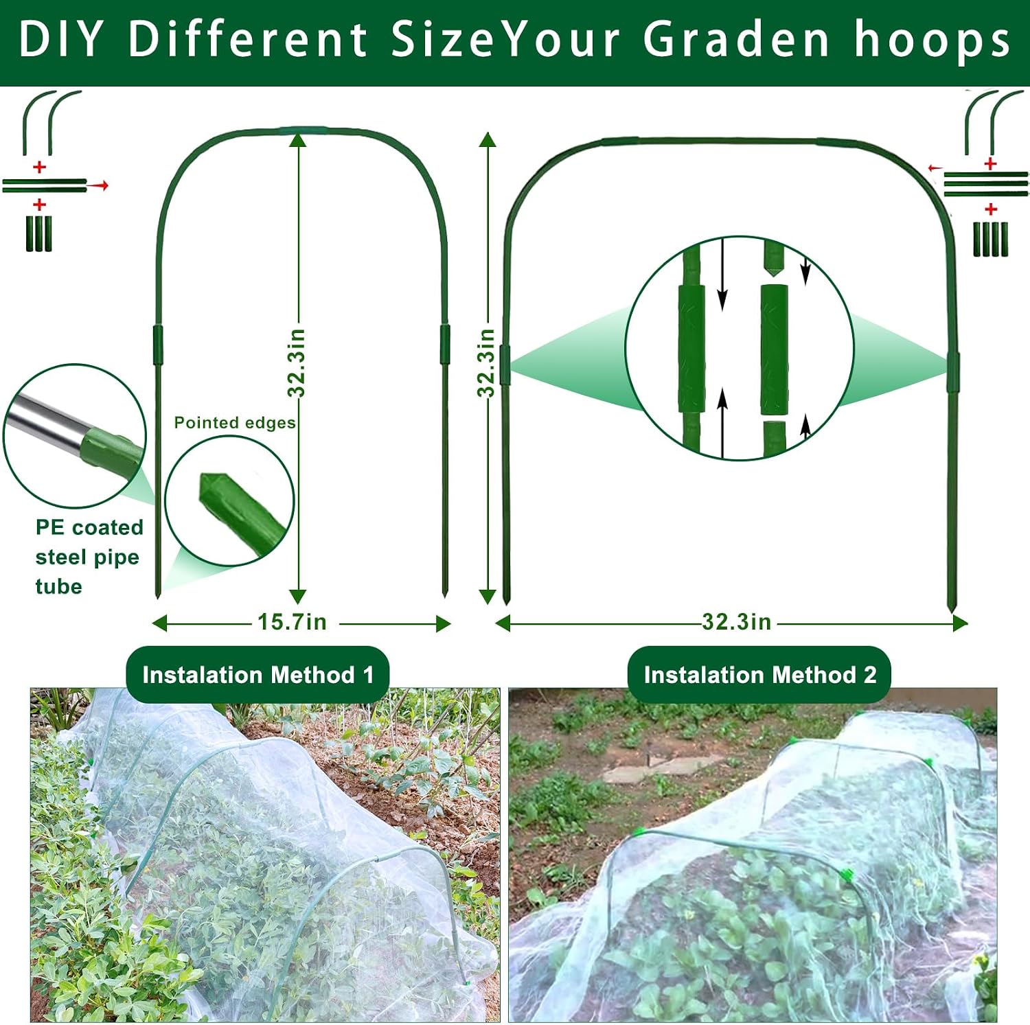 Garden Hoops for Raised beds, 10 Sets DIY Rust-Free Garden Tunnel 32.3"x 32.3" Greenhouse Hoops for Row Cover Garden