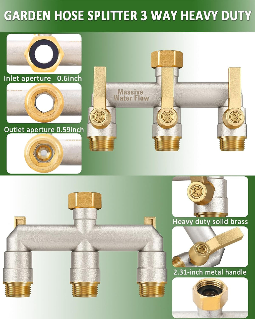Garden Hose Splitter, 3 Way Hose Splitter Heavy Duty Full Flow Solid Brass Nickel Plated Spigot Splitter Valve with