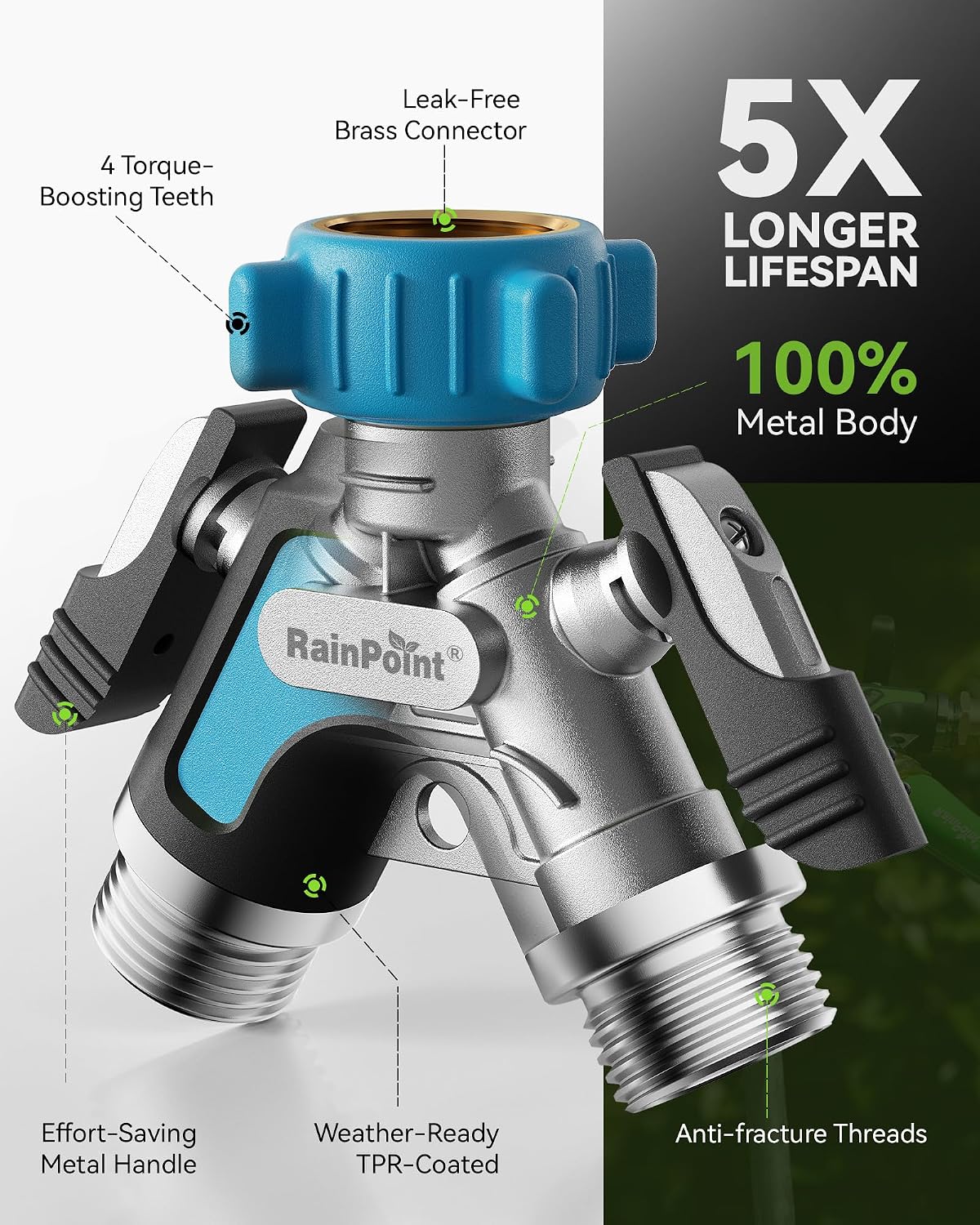 RAINPOINT Garden Hose Splitter 2 Way, All Metal Heavy Duty Water Hose Y Splitter With 2.05" Extra Long Side Handle &