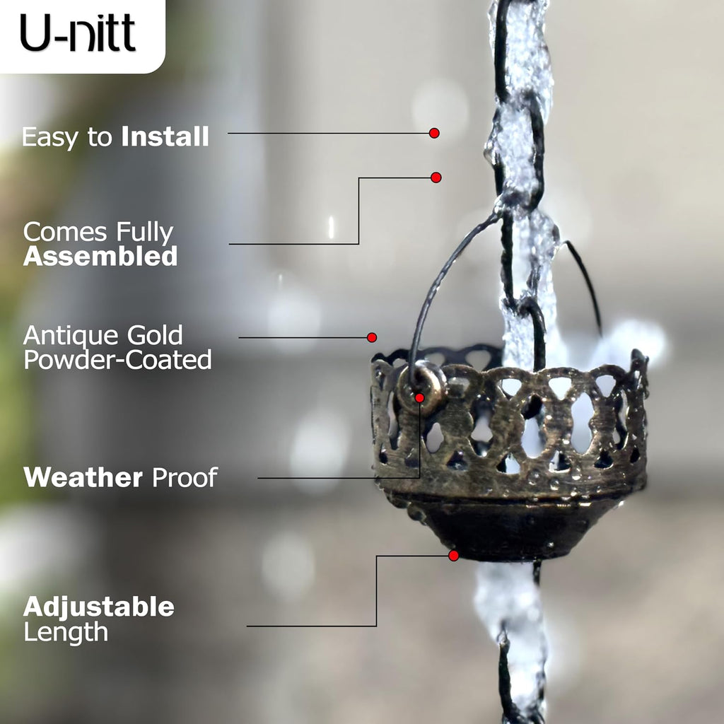 U-nitt Rain Chain Water Collection for Gutters Rainwater Catcher & Diverter, 8.5 FT Chains for Outside Garden, Antique
