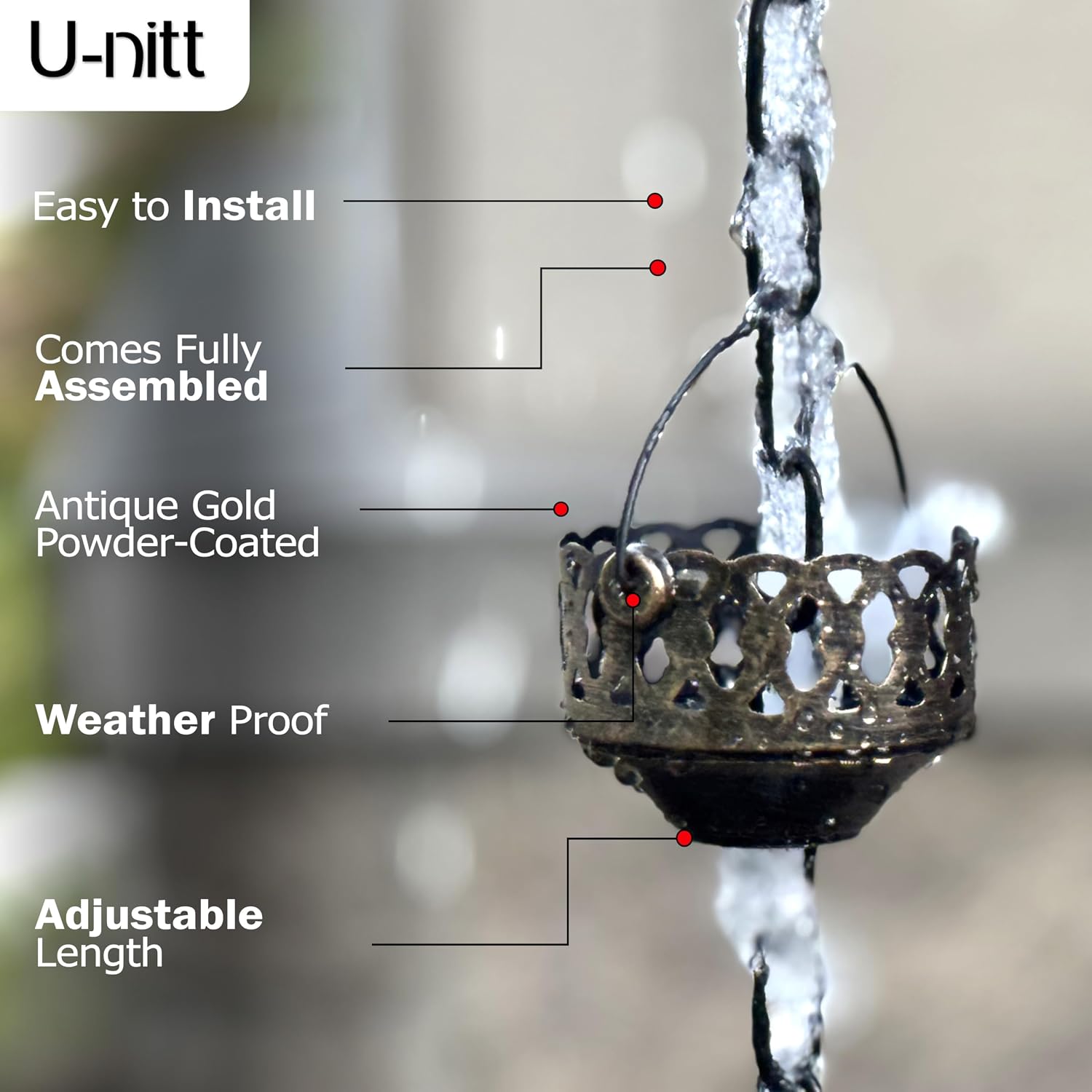 U-nitt Rain Chain Water Collection for Gutters Rainwater Catcher & Diverter, 8.5 FT Chains for Outside Garden, Antique