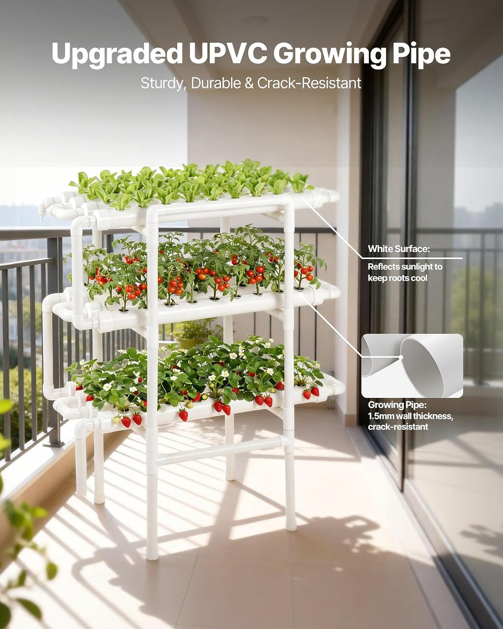 VEVOR Hydroponics Growing System Kit, 3-Tier 108 Sites UPVC Pipe Hydroponic Grow Kit with Timed Irrigation, Thickened