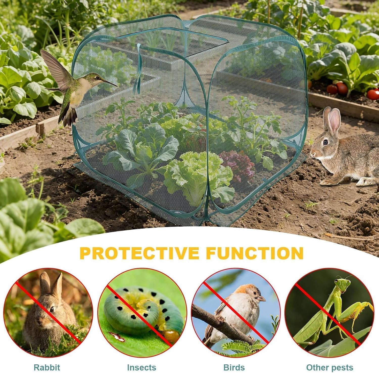 EATAKWARD 2 PCS Foldable Plant Protector, 35" x 35" x 27.5" Pop-Up Mesh Cover, Bird Betting for Garden, Garden Bed