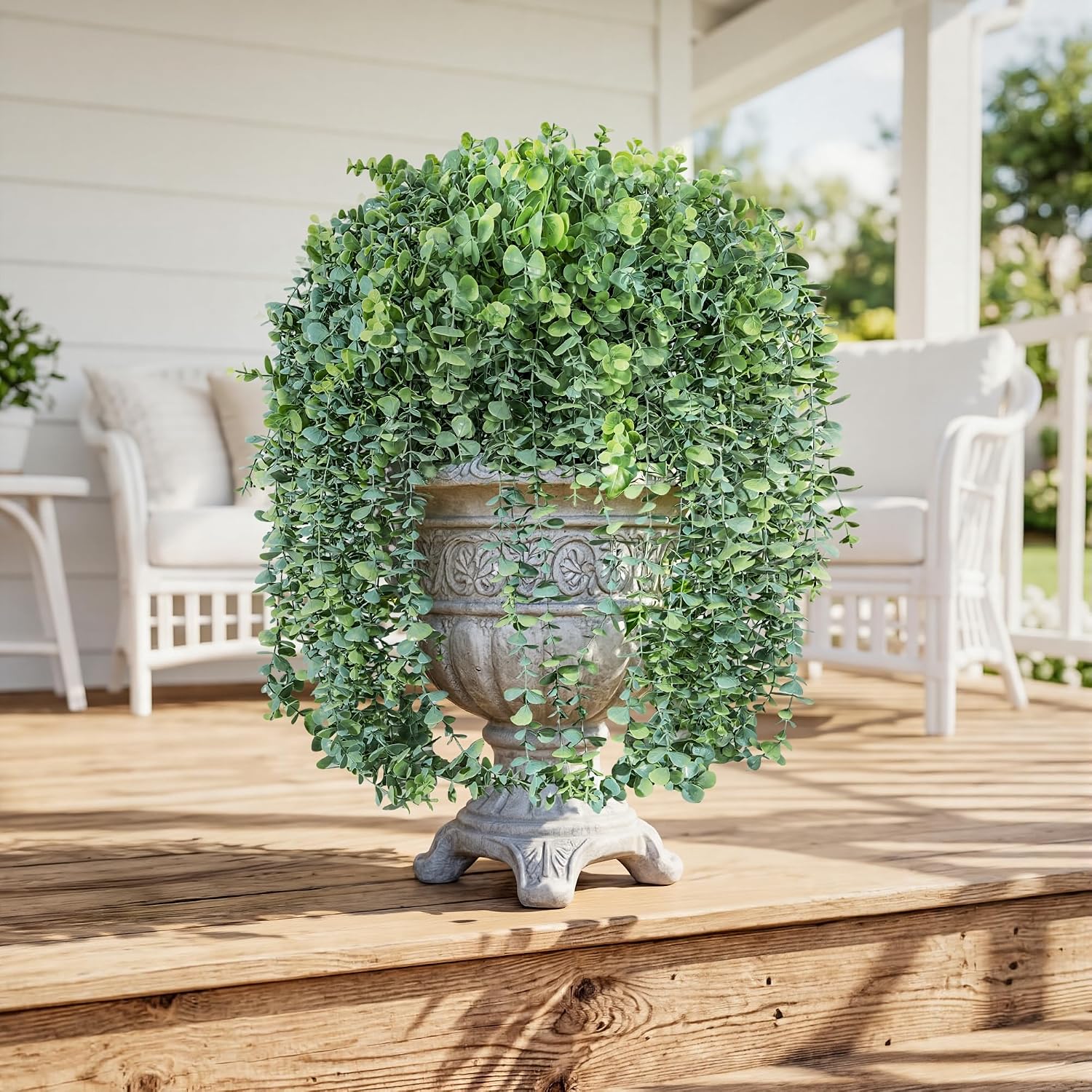 Faux Outdoor Plants Fake Hanging Plants for Outdoors Outside Decorations, 2 Pcs White Faux Eucalyptus Vines Realistic
