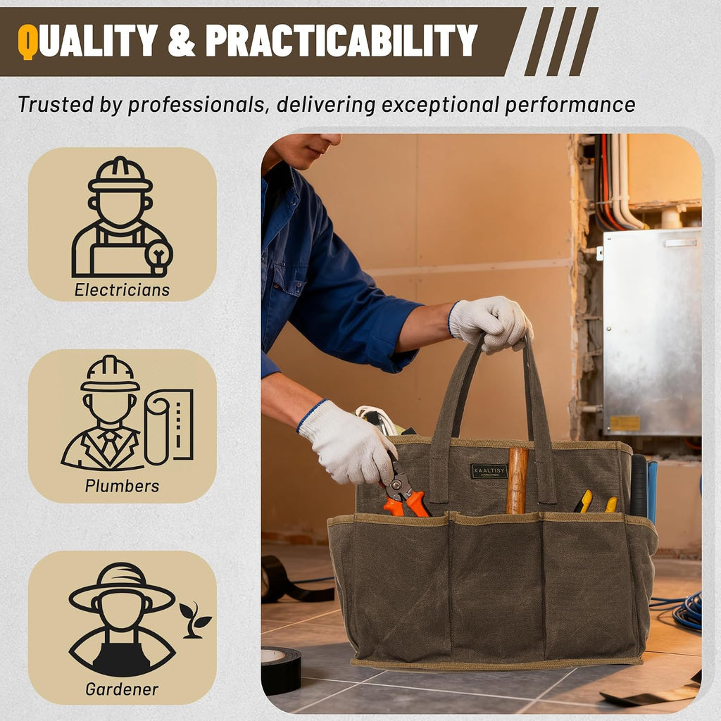 16OZ Waxed Canvas Tool Tote Bag for Garden Tools Wrench Set & Screwdrivers | 11-Pocket Garden Tool Bag with Portable