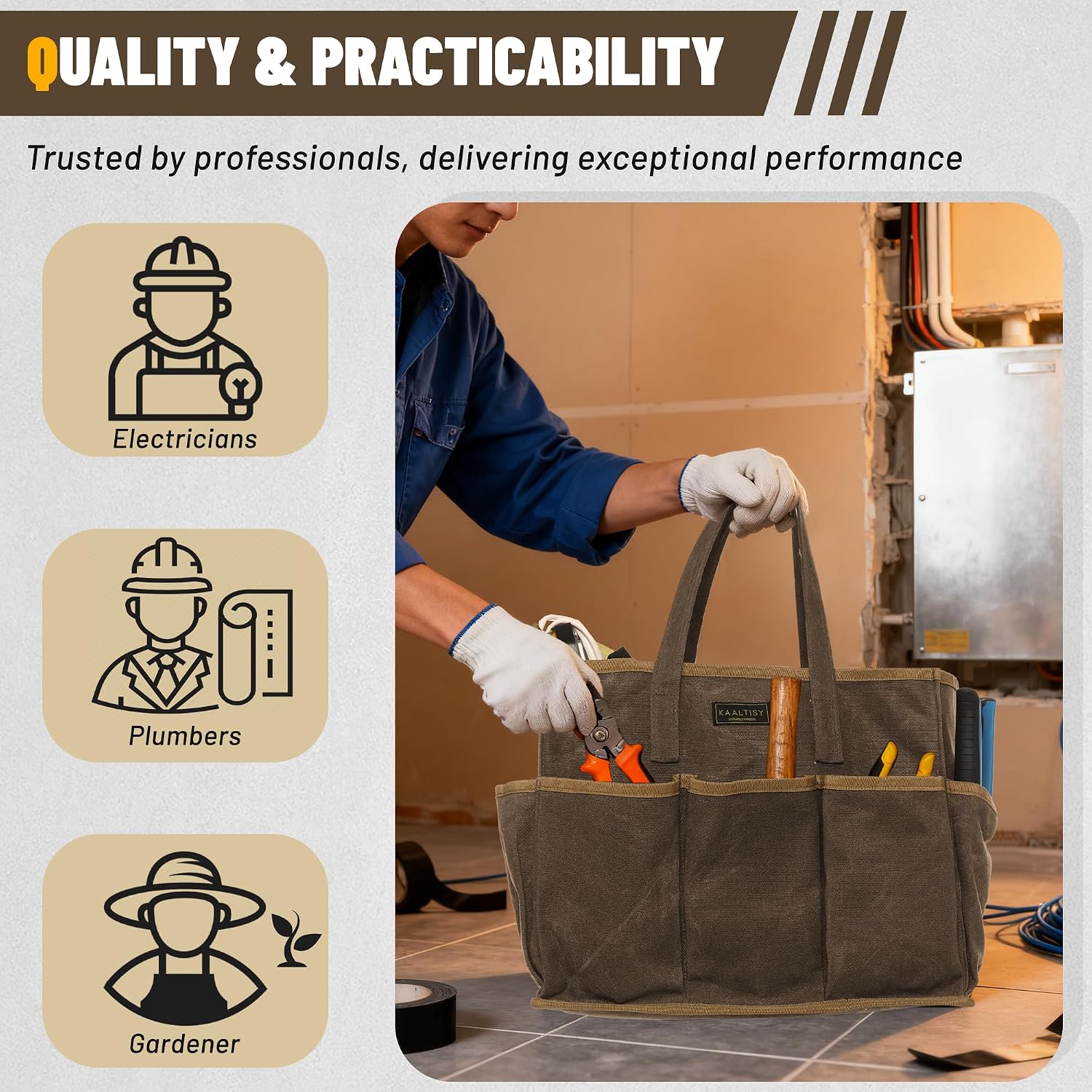 16OZ Waxed Canvas Tool Tote Bag for Garden Tools Wrench Set & Screwdrivers | 11-Pocket Garden Tool Bag with Portable