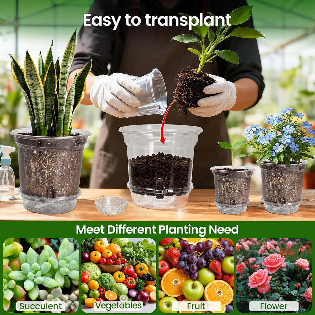 MIXC 18 Pack 6.5/5/4 Inch Self Watering Pots for Indoor Plants-Clear | Plastic, With Drainage Holes & Deep Reservoirs