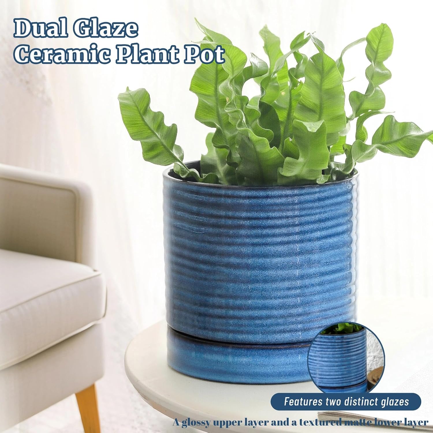 HASENSE Ceramic Plant Pot with Saucer, 6 Inch Planter for Indoor/Outdoor Plants with Drainage Hole,Blue Glazed Flower