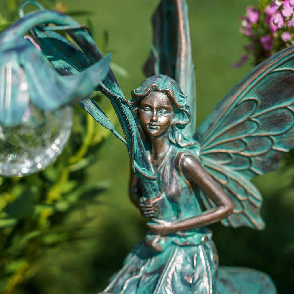 TERESA'S COLLECTIONS Garden Statues Fairy Sculptures & Statues, Outdoor Solar Light Garden Decor Resin Patina Bronze