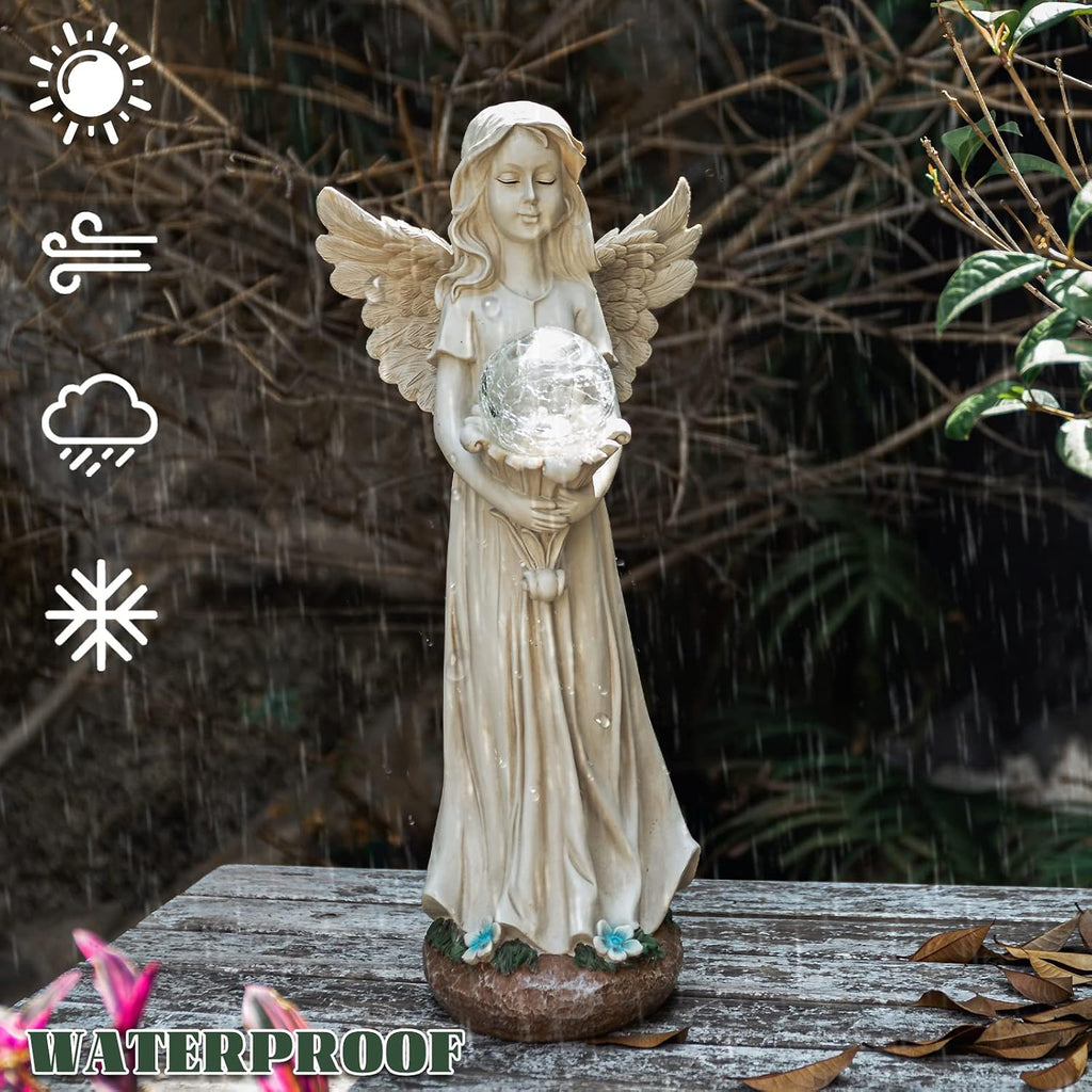 Garden Angels Outdoor Statue, Solar Angel with Crackled Glass Globe | 16.3'' Resin Angel Statue with Warm Led Lights