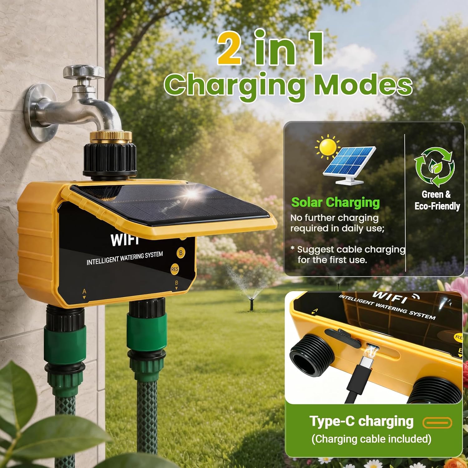 Sprinkler Timer, Solar WiFi Water Timer for Garden Hose, 2 Zone Water Sprinkler with Rain Sensor and Manual Mode via