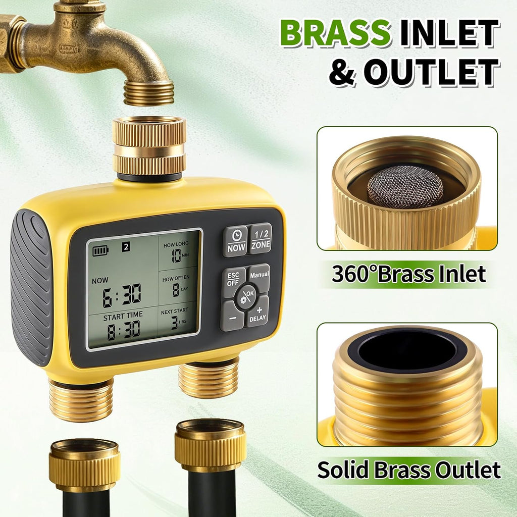 Upgraded Brass Sprinkler Timer-2 Zone Water Hose Timers with Metal Inlet & Outlet-Waterproof & Programmable Design
