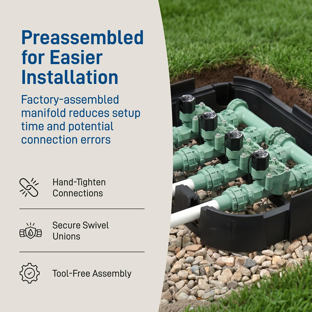 Orbit 57257 4-Valve Preassembled Sprinkler Manifold – Easy Install, Smart Controller Compatible, Works with PVC & Poly
