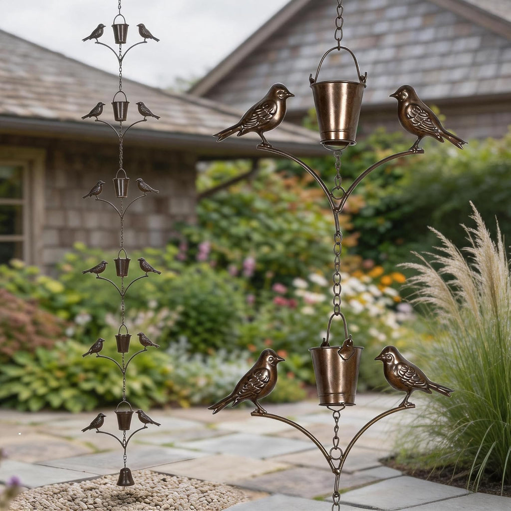 Topadorn 6.3 FT Rain Chain for Gutters, Metal Bird & Bucket, Bronze Finish | Decorative Gutter Chain with Bird and