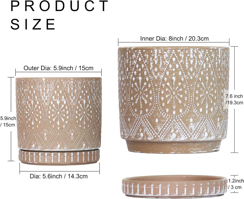 8 Inch + 6 Inch Plant Pot with Drainage Holes and Saucers, Indoor Ceramic Planter for Plants Succulent Orchid Flower