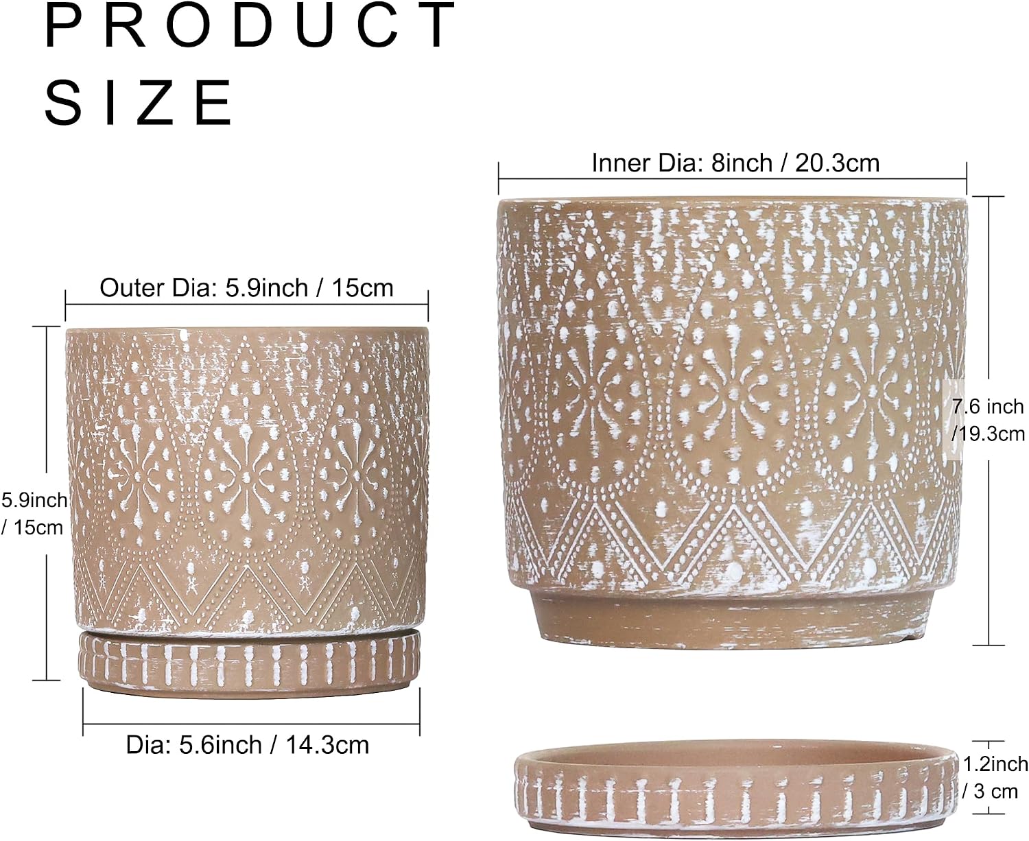 8 Inch + 6 Inch Plant Pot with Drainage Holes and Saucers, Indoor Ceramic Planter for Plants Succulent Orchid Flower