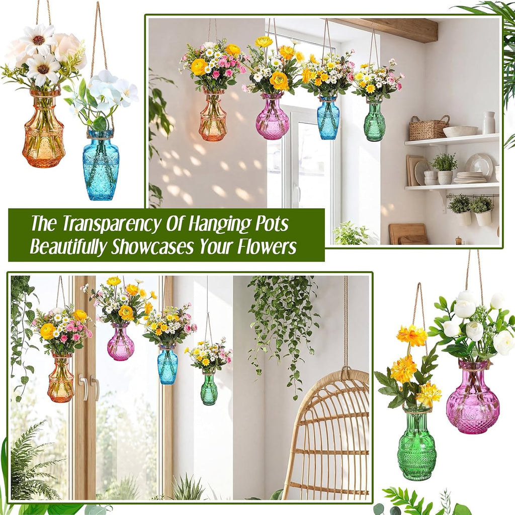 4 Pcs Stained Glass Hanging Vases Hanging Glass Planters Small Plant Terrarium Pot Containers with Rope for Garden Home