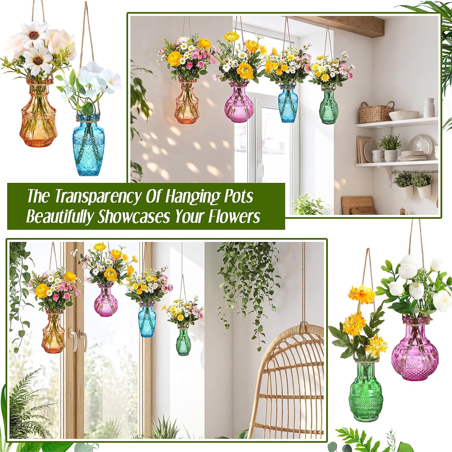 4 Pcs Stained Glass Hanging Vases Hanging Glass Planters Small Plant Terrarium Pot Containers with Rope for Garden Home