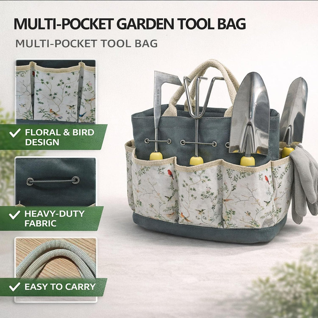 11-Piece Stainless Steel Gardening Tool Set with Floral Tote Bag | Includes 7 hand tools, gloves, spray bottle and