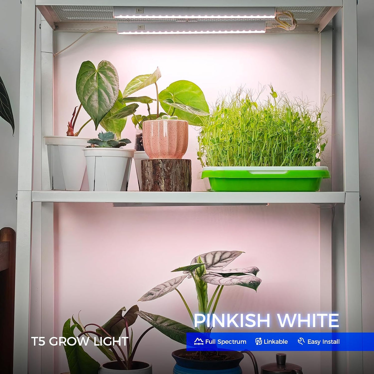 Barrina Grow Light for Indoor Plant, T5 1FT Full Spectrum Sunlight, 4 Packs | Pinkish White Grow Lamp, Linkable LED