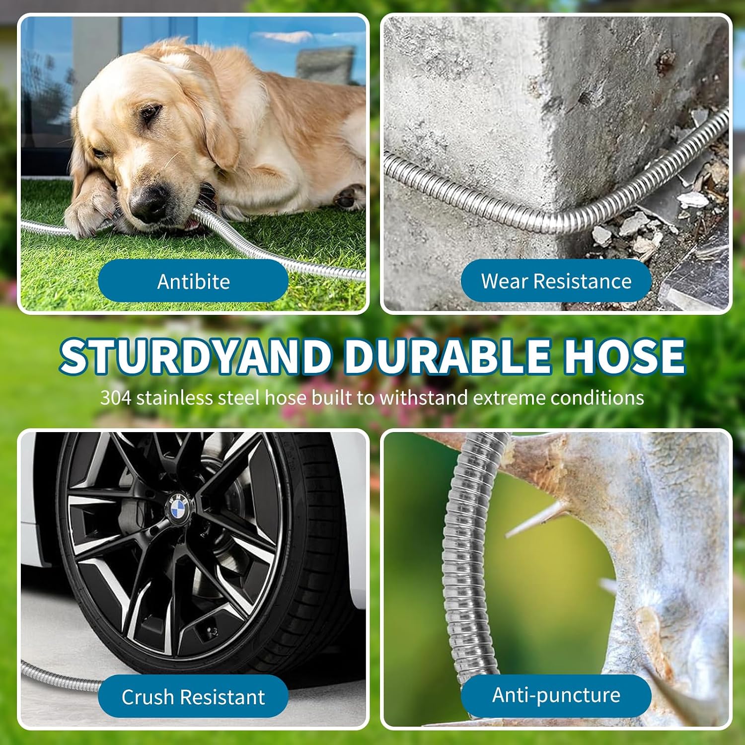 50ft Water Hose, Non Kinking Stainless Steel Hose, Kink Free Flexible 50 Foot Metal Hose for Outside Yard Backyard