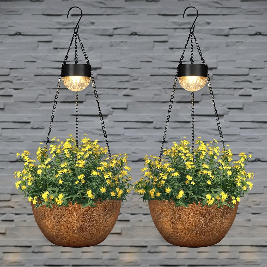 BAYN 2 Packs Solar Hanging Basket Planters for Plants Outdoor | Self Watering, Bronze Flower Pots with Solar Light