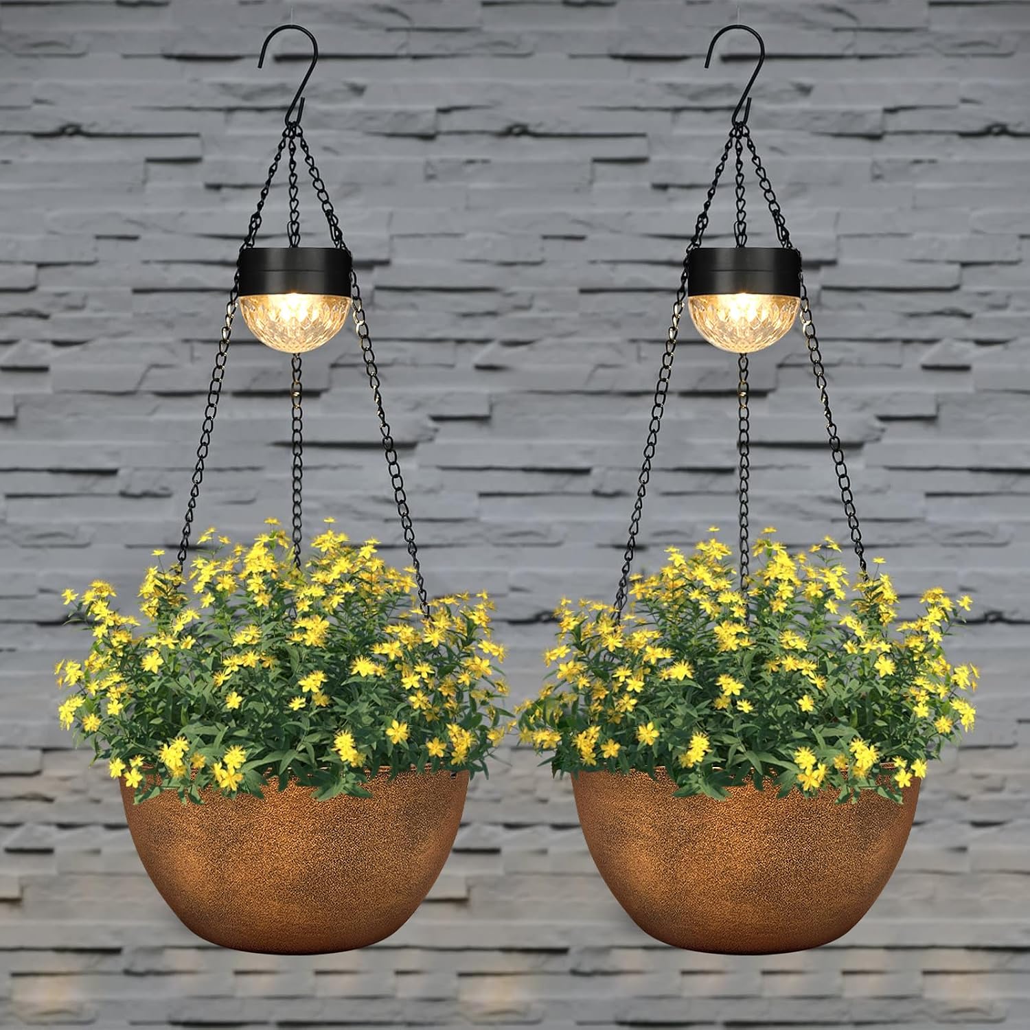 BAYN 2 Packs Solar Hanging Basket Planters for Plants Outdoor | Self Watering, Bronze Flower Pots with Solar Light