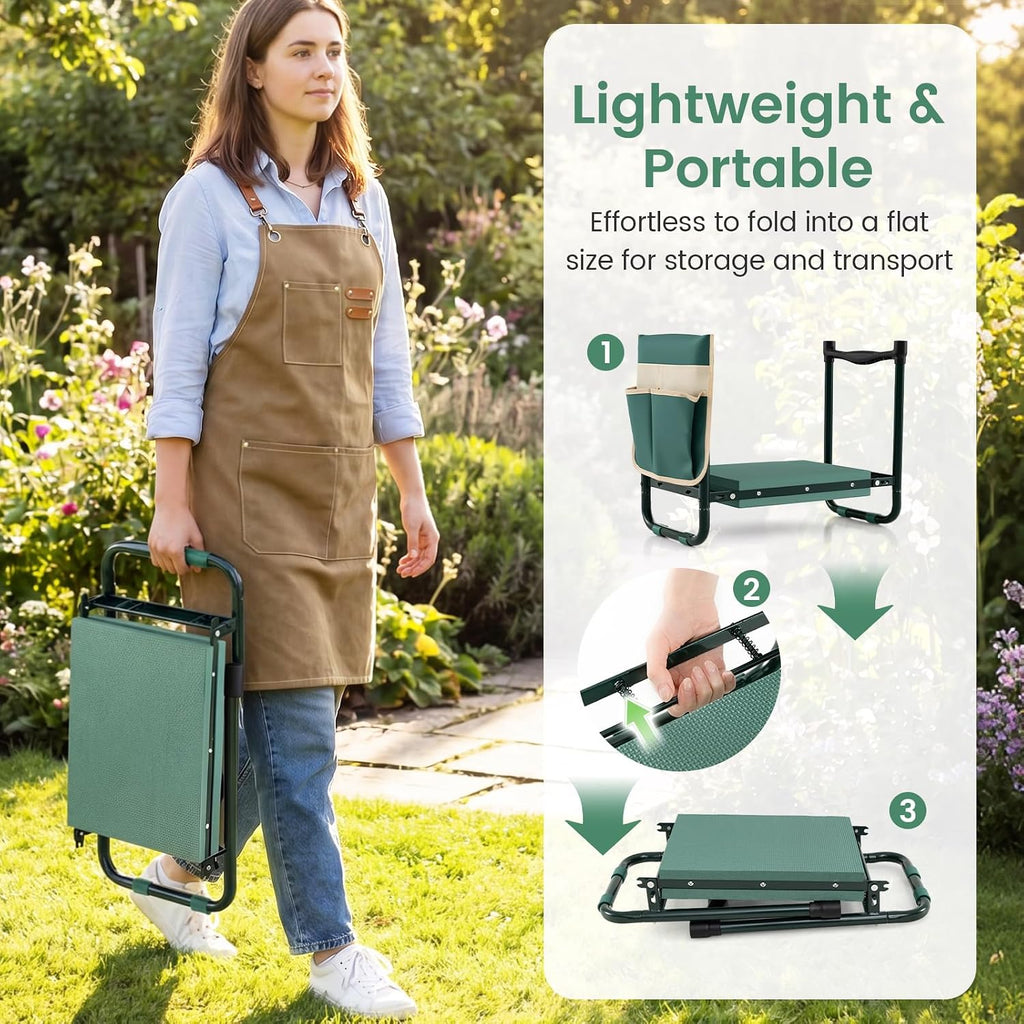 2-in-1 Garden Kneeler and Seat, Folding Garden Seat w/EVA Foam Kneeling Pad & Removable Tools Pouch, Sturdy Steel