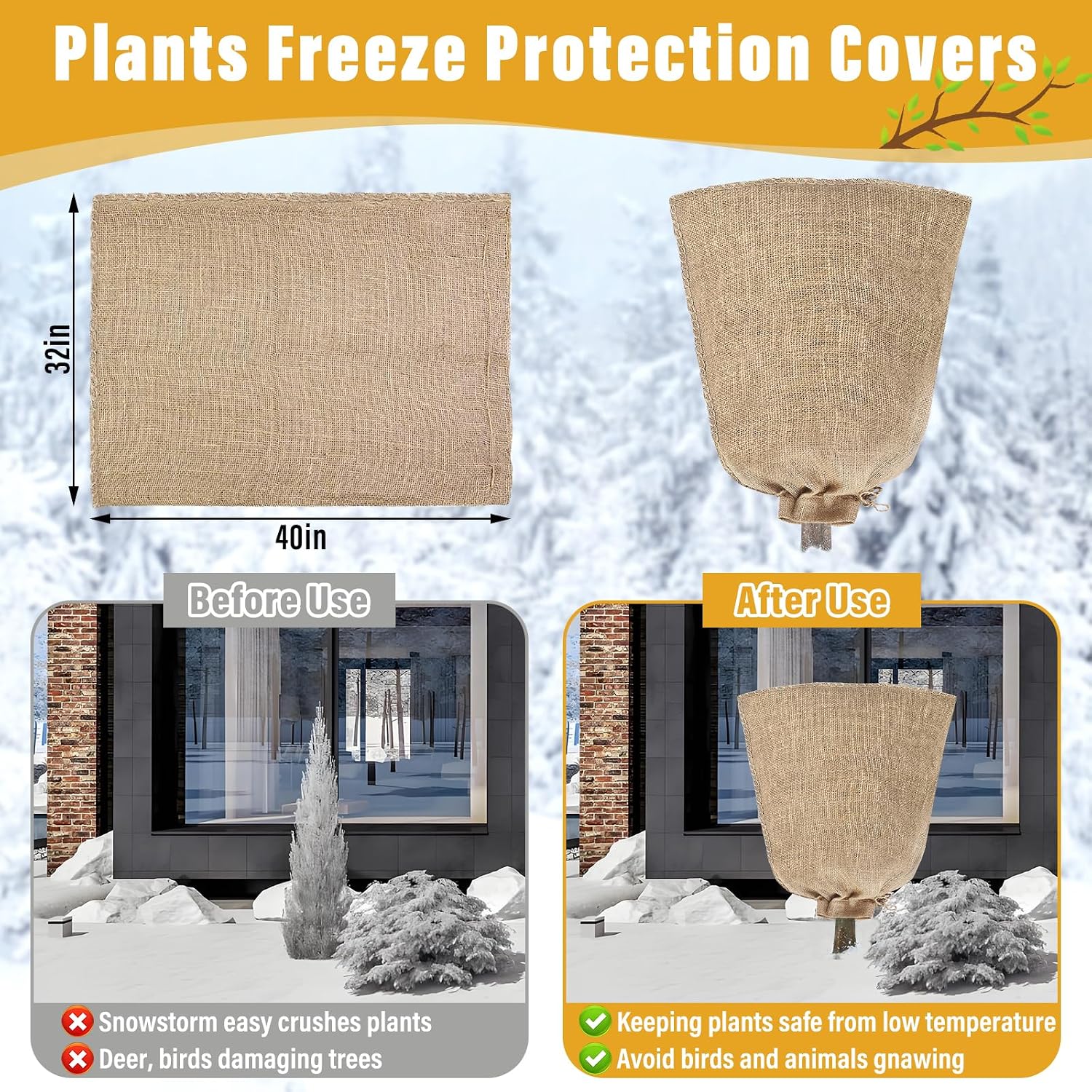Riare 4 Packs 32 × 40 Inch Large Winter Plant Cover Bags with Drawstring