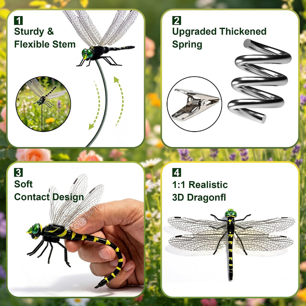 24 Pack 3D Dragonfly Clips, Fake Dragonflies with Stakes, Realistic Plastic Dragonfly Garden Decorations, Fly Deterrent