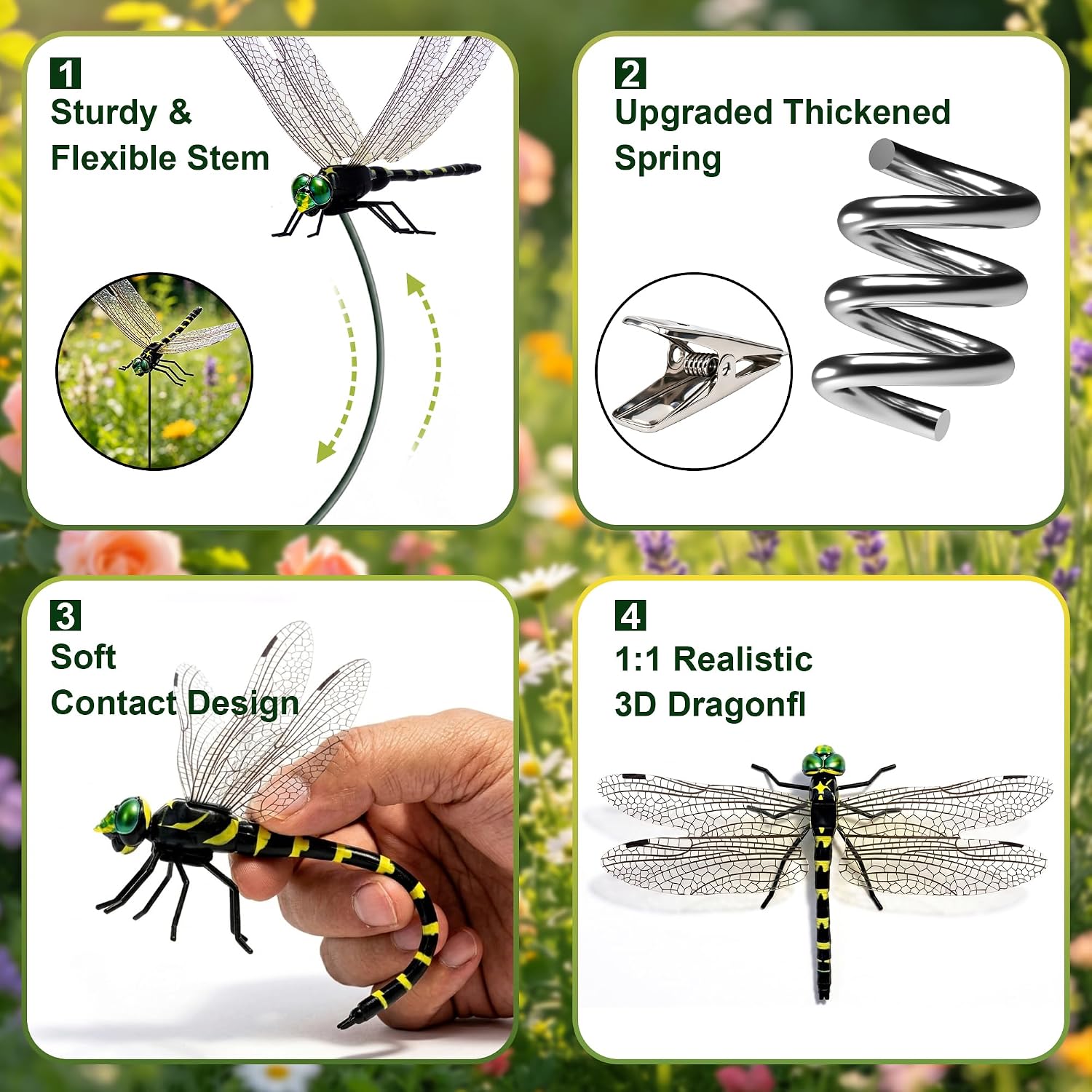 24 Pack 3D Dragonfly Clips, Fake Dragonflies with Stakes, Realistic Plastic Dragonfly Garden Decorations, Fly Deterrent
